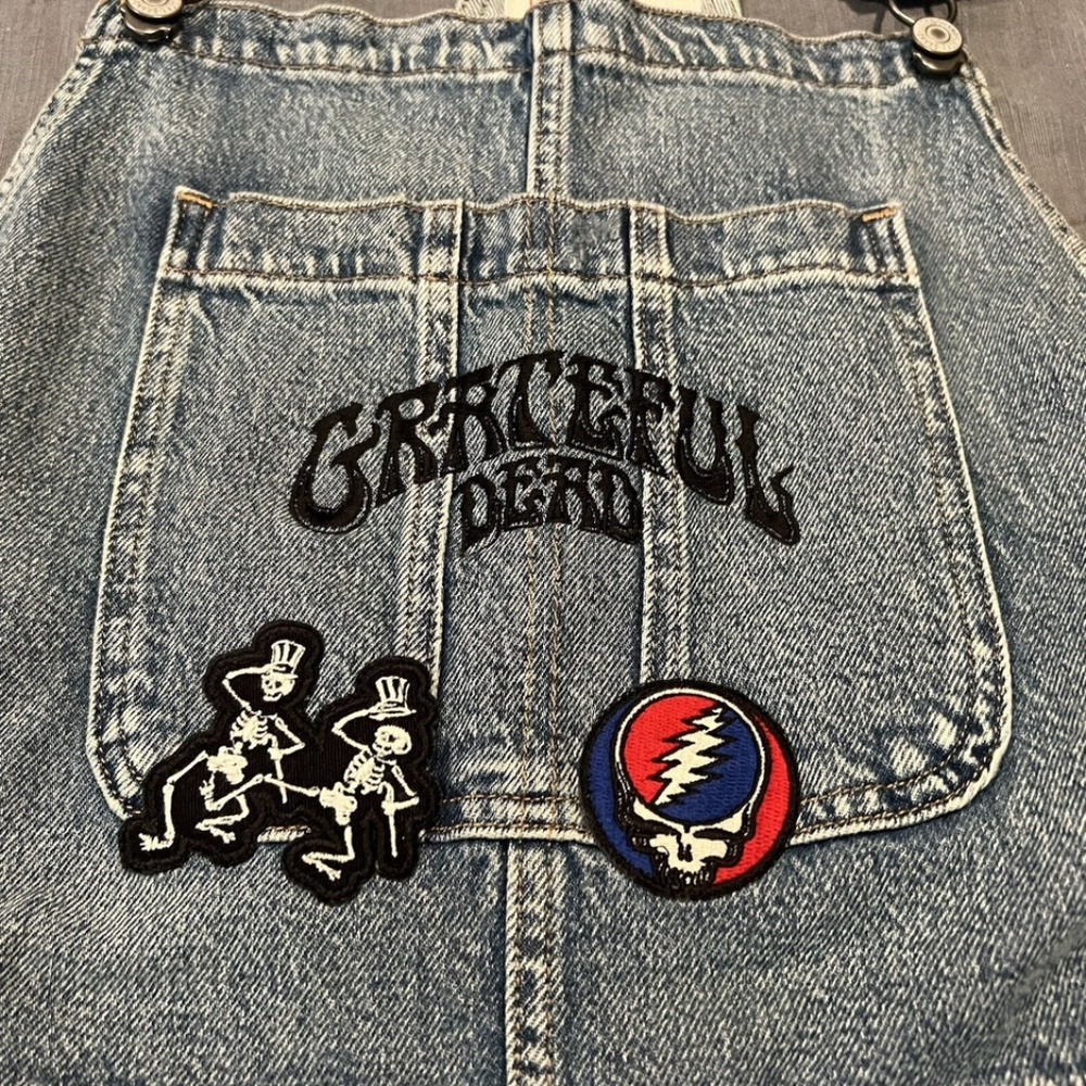 Lucky Brand Grateful Dead Shortalls Women's Denim Blue Shorts XL Overalls Hippie - Picture 4 of 6